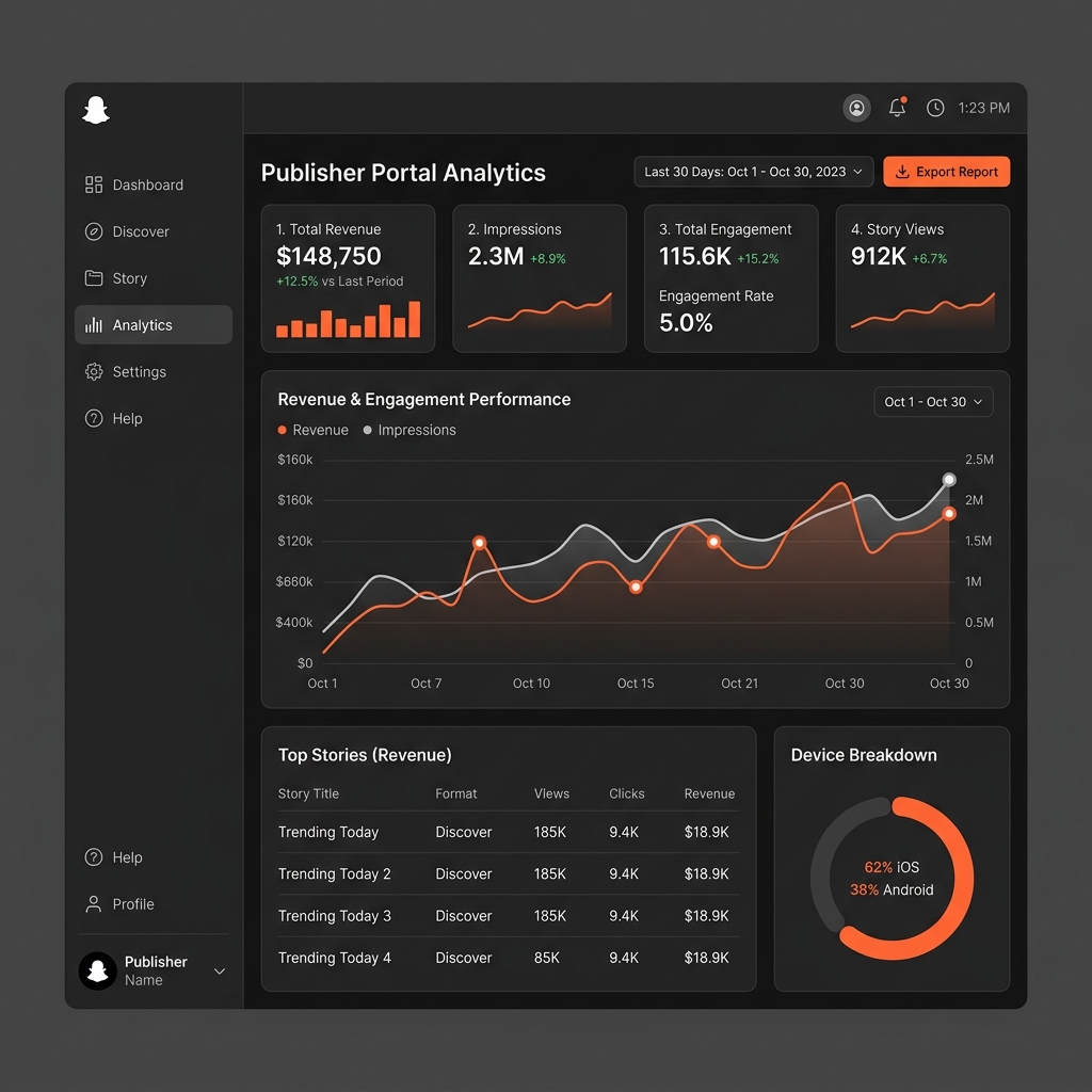 Snapchat Publisher Portal analytics dashboard showing 2.3M impressions and $148K revenue